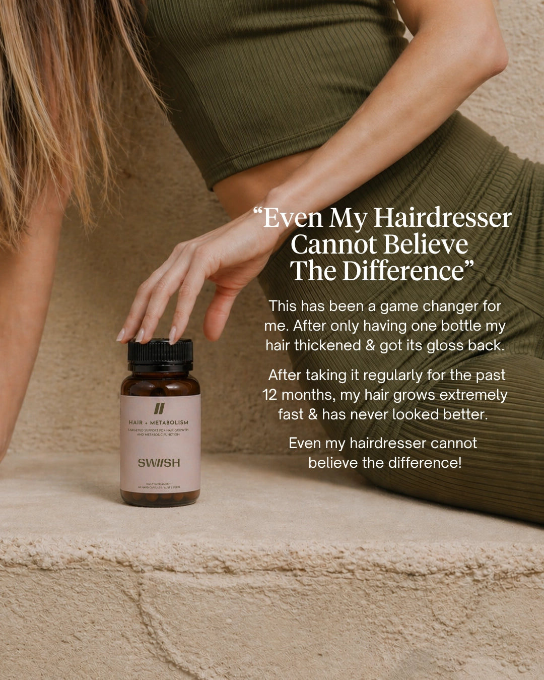 Person holding a bottle of hair product with text about hair thickness and growth.