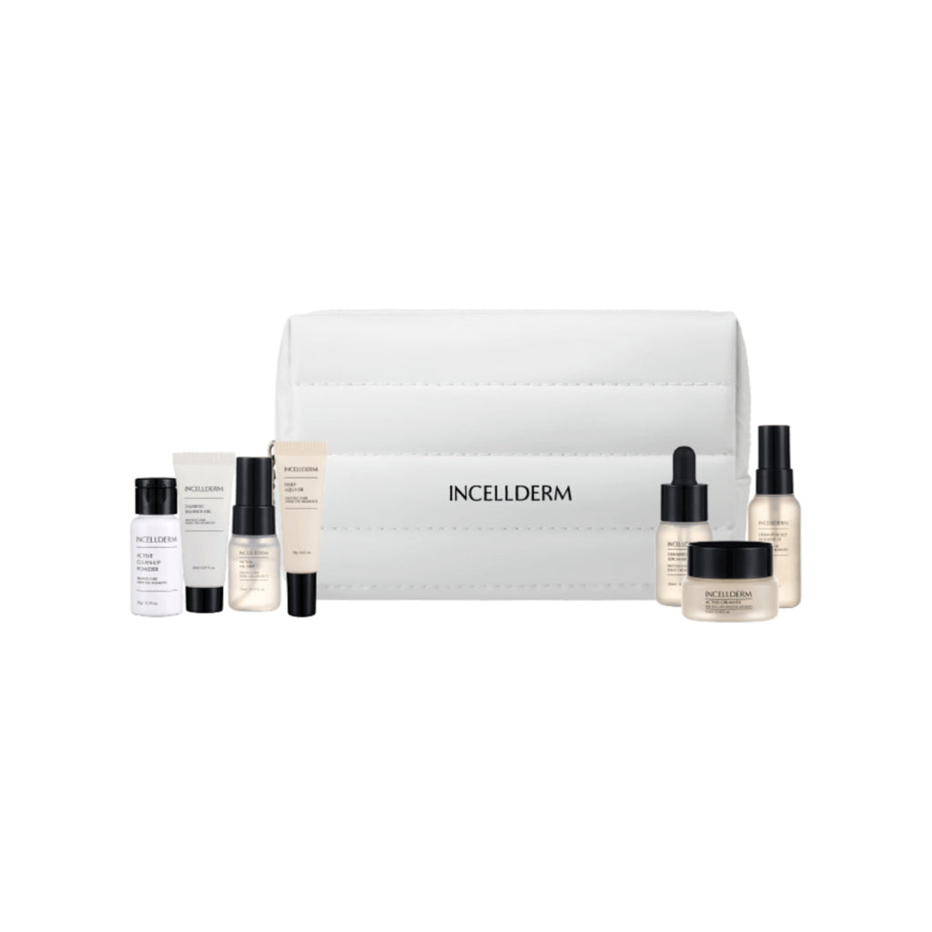 INCELLDERM skincare set with a white zippered pouch and multiple small cosmetic bottles and jars arranged in front on a white background.