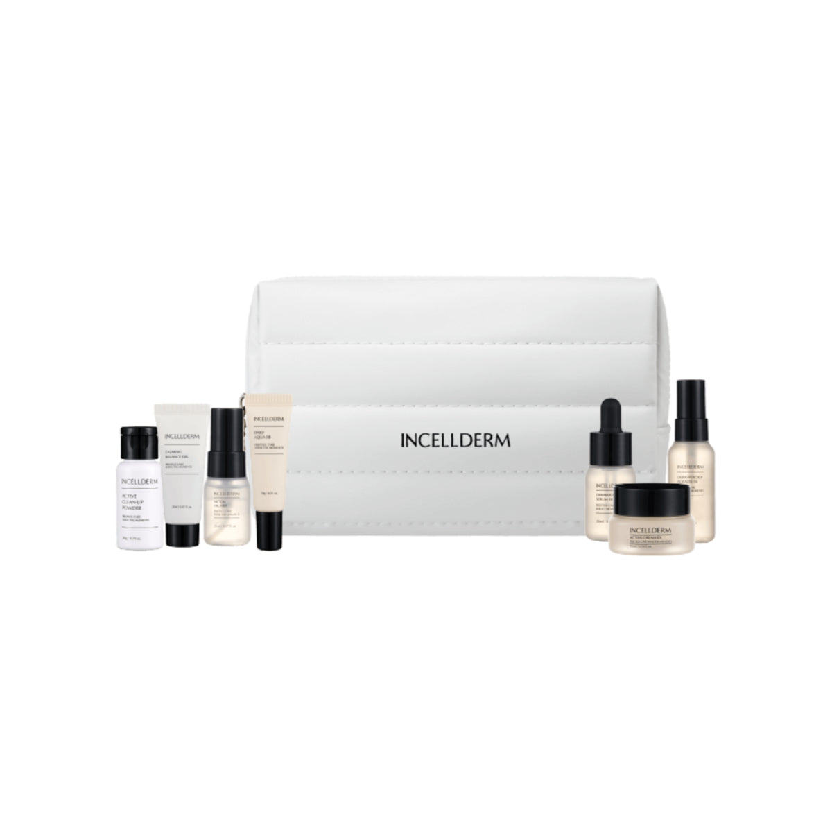 INCELLDERM skincare set with a white zippered pouch and multiple small cosmetic bottles and jars arranged in front on a white background.