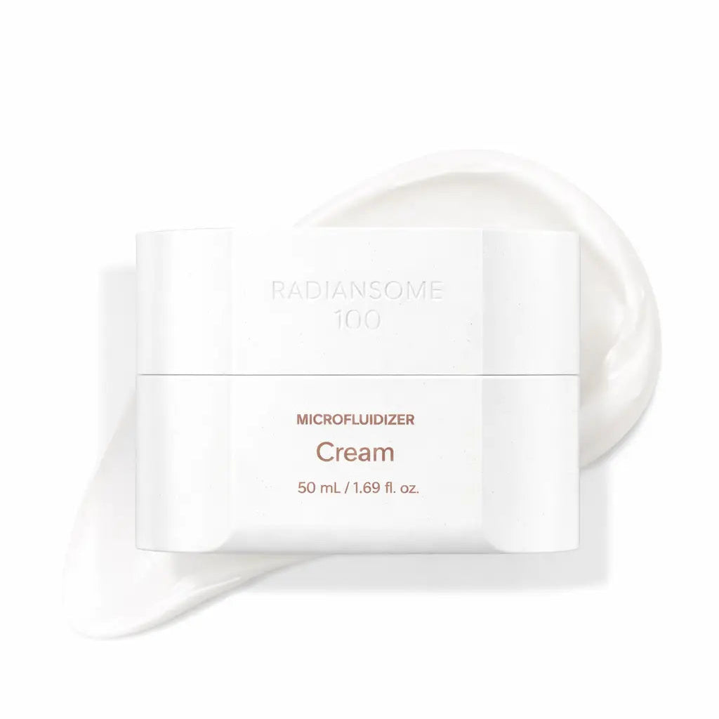 White cosmetic container with 'MICROFLUIDIZER Cream' text on a white background