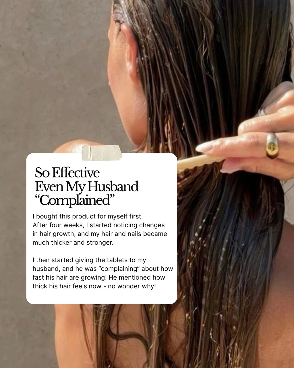 A close-up lifestyle shot of a person with long, dark, wet hair using a wooden hair growth tool, with a text overlay describing product benefits.