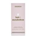 A tall, slim rectangular box for SWISH hair + metabolism capsules, shown on a clean white background with a subtle reflection below. The box is a very pale blush pink with dark olive-green text and a small white double-stripe logo.
