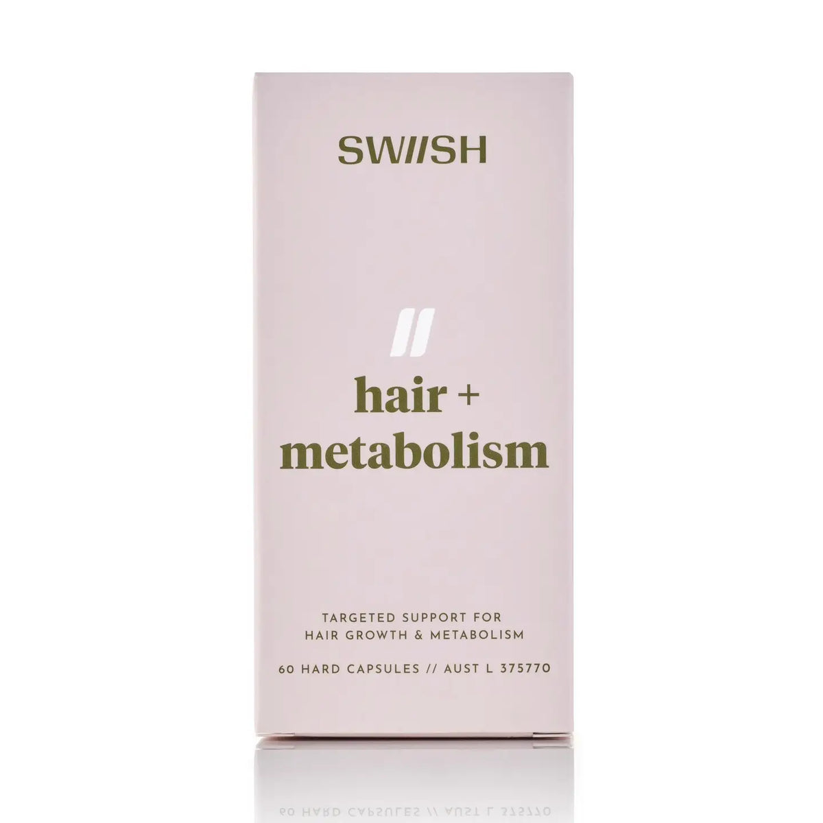 A tall, slim rectangular box for SWISH hair + metabolism capsules, shown on a clean white background with a subtle reflection below. The box is a very pale blush pink with dark olive-green text and a small white double-stripe logo.