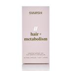 A tall, slim rectangular box for SWISH hair + metabolism capsules, shown on a clean white background with a subtle reflection below. The box is a very pale blush pink with dark olive-green text and a small white double-stripe logo.