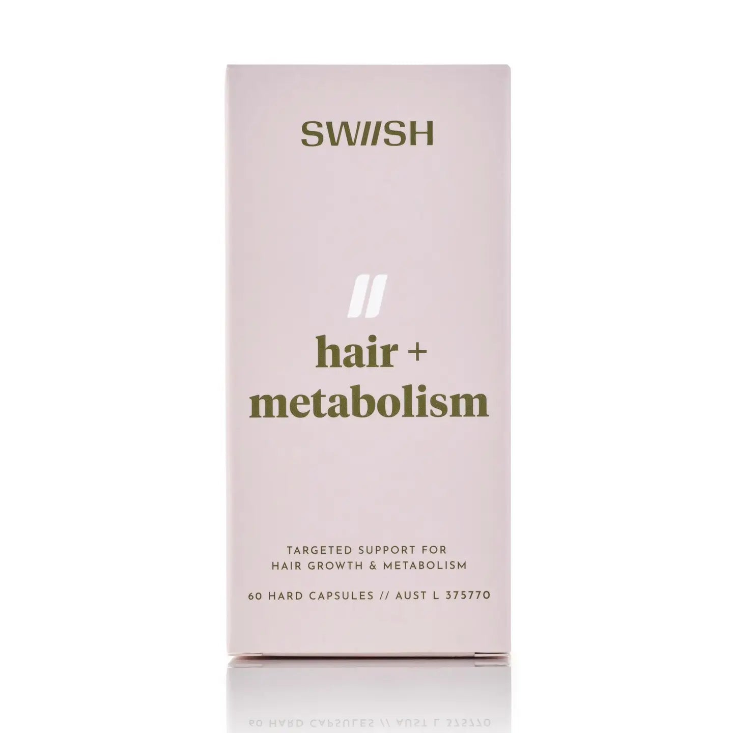 A tall, slim rectangular box for SWISH hair + metabolism capsules, shown on a clean white background with a subtle reflection below. The box is a very pale blush pink with dark olive-green text and a small white double-stripe logo.