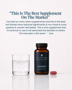 Supplement bottle with a glass of water and a pill on a white background, featuring customer testimonial text.