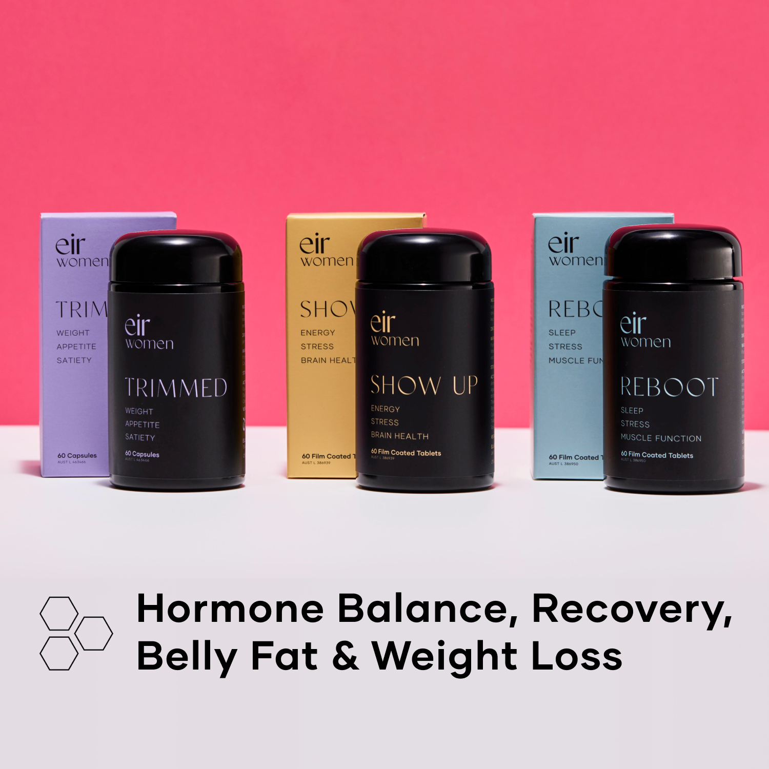 Eir women's health supplement products on a pink background