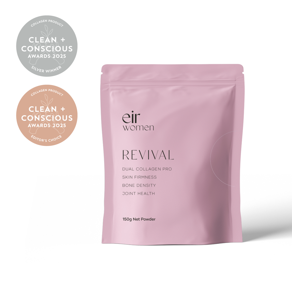 Pink package of eir women Revival product with Clean + Conscious awards badges on a white background