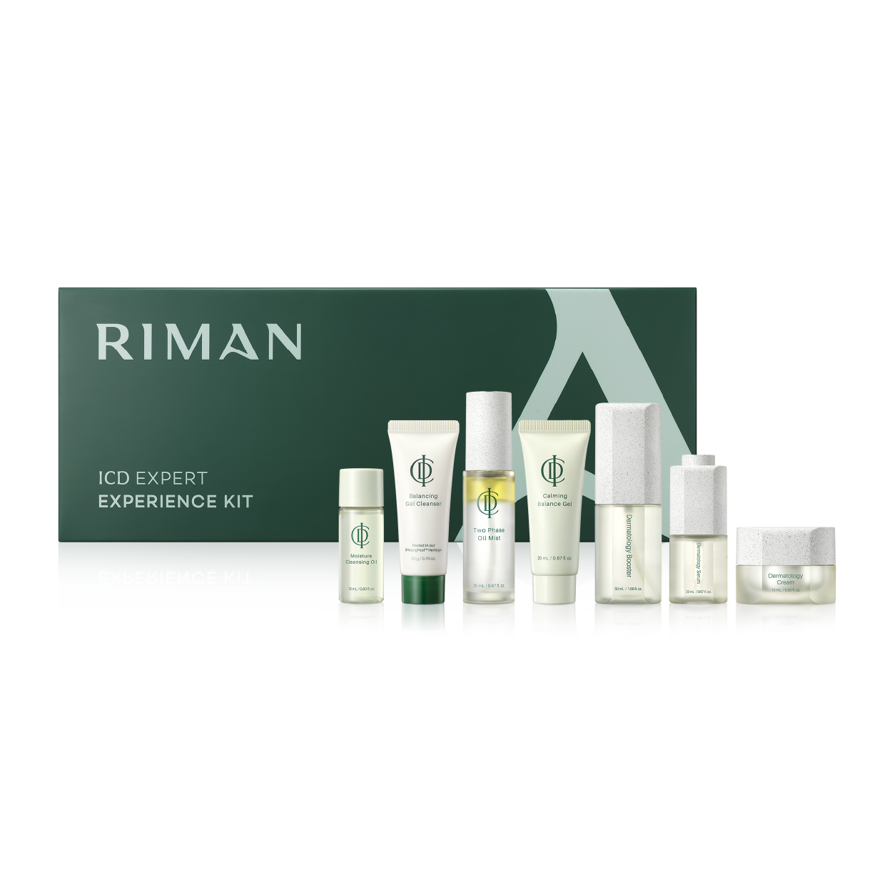 Riman skincare product set with bottles and a box on a white background