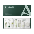 Riman skincare product set with eight items in front of a green box on a white background