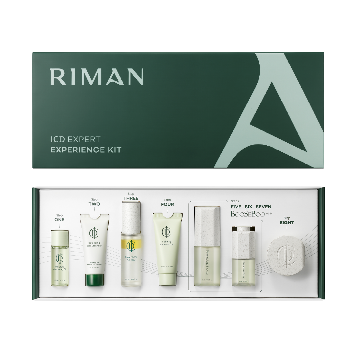 Riman skincare product set with eight items in front of a green box on a white background