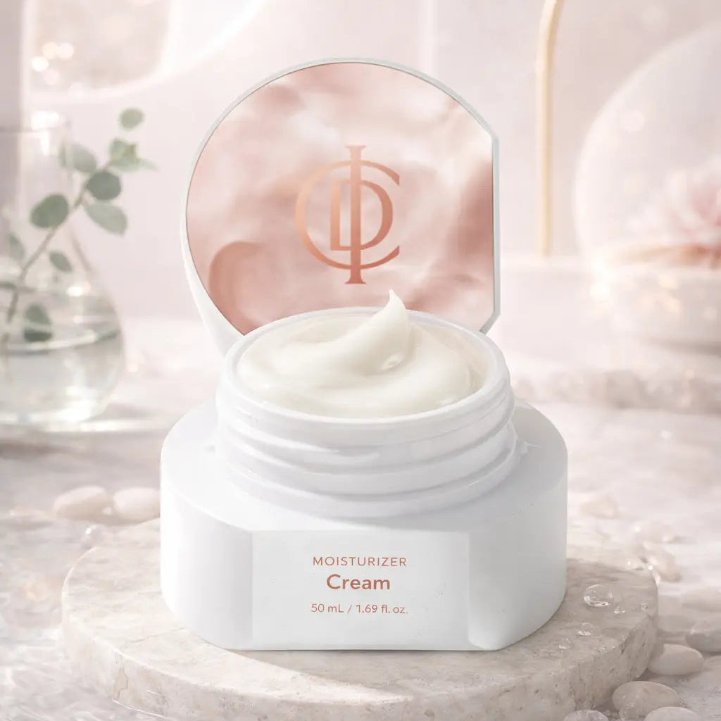 Jar of cream with a rose gold lid on a light background