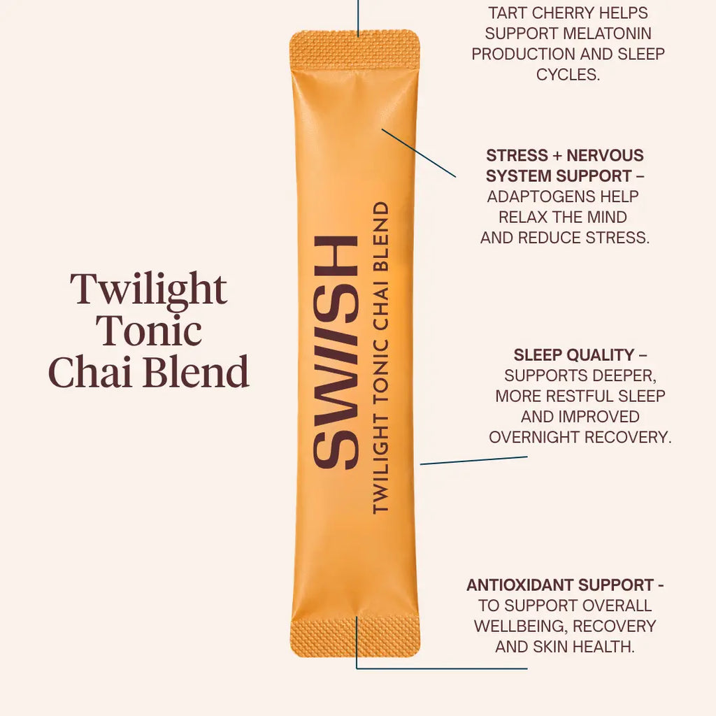 An orange sachet of SWISH Twilight Tonic Chai Blend centered on a light beige background, with callout lines and text describing health benefits such as tart cherry, stress support, sleep quality, and antioxidant support.