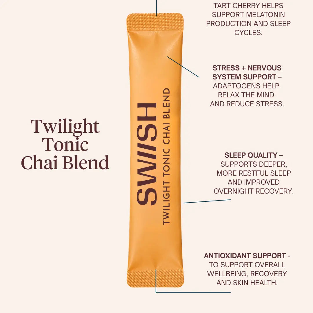 An orange sachet of SWISH Twilight Tonic Chai Blend centered on a light beige background, with callout lines and text describing health benefits such as tart cherry, stress support, sleep quality, and antioxidant support.