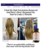 A beauty blog post from Beauty Heaven featuring a before-and-after comparison of a woman's long blonde hair extensions, alongside a small amber bottle labeled 'Hair & Hair Extensions' and the brand name 'Swish'.