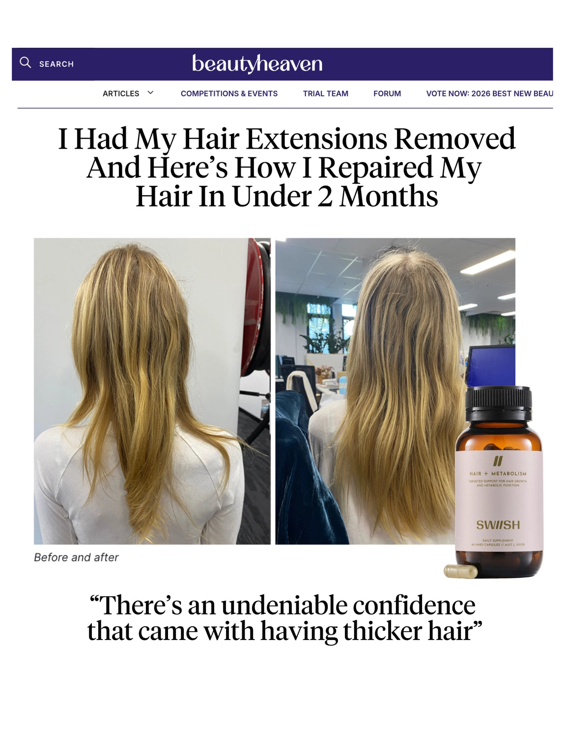 A beauty blog post from Beauty Heaven featuring a before-and-after comparison of a woman's long blonde hair extensions, alongside a small amber bottle labeled 'Hair & Hair Extensions' and the brand name 'Swish'.