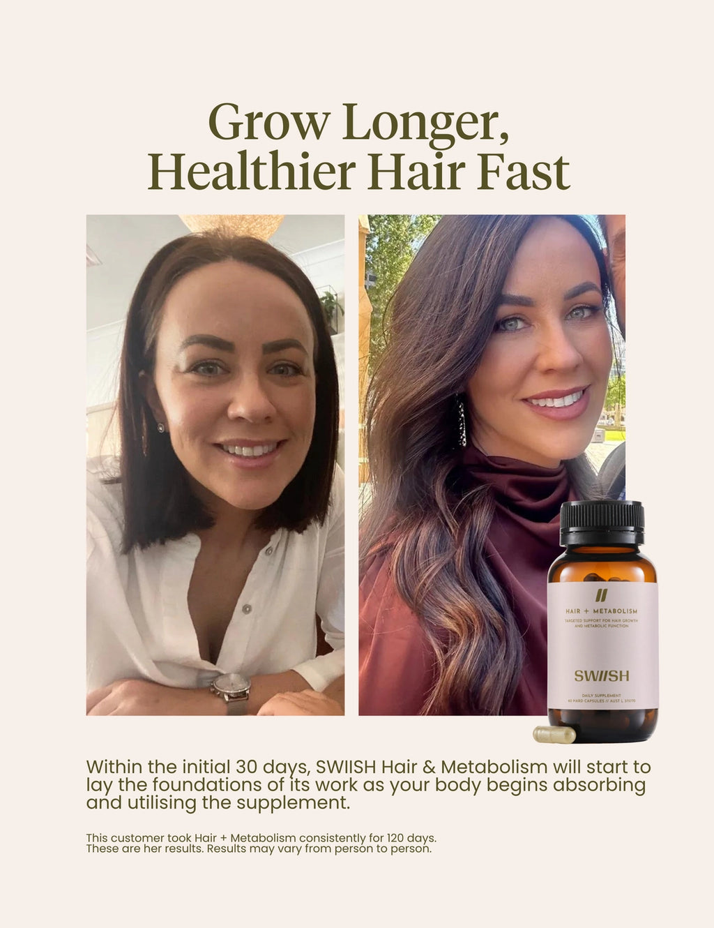 Promotional graphic for SWISH Hair & Metabolism featuring a customer testimonial split-screen photo of a woman with long brown hair and a bottle of the supplement on a beige background with text.