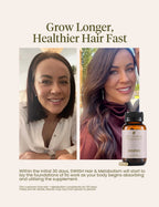 Promotional graphic for SWISH Hair & Metabolism featuring a customer testimonial split-screen photo of a woman with long brown hair and a bottle of the supplement on a beige background with text.