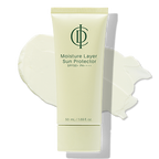 A 50 mL tube of Moisture Layer Sun Protector SPF 50+ PA++++ by CH, shown against a dark green background with a white cream smear behind it.