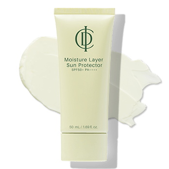 A 50 mL tube of Moisture Layer Sun Protector SPF 50+ PA++++ by CH, shown against a dark green background with a white cream smear behind it.