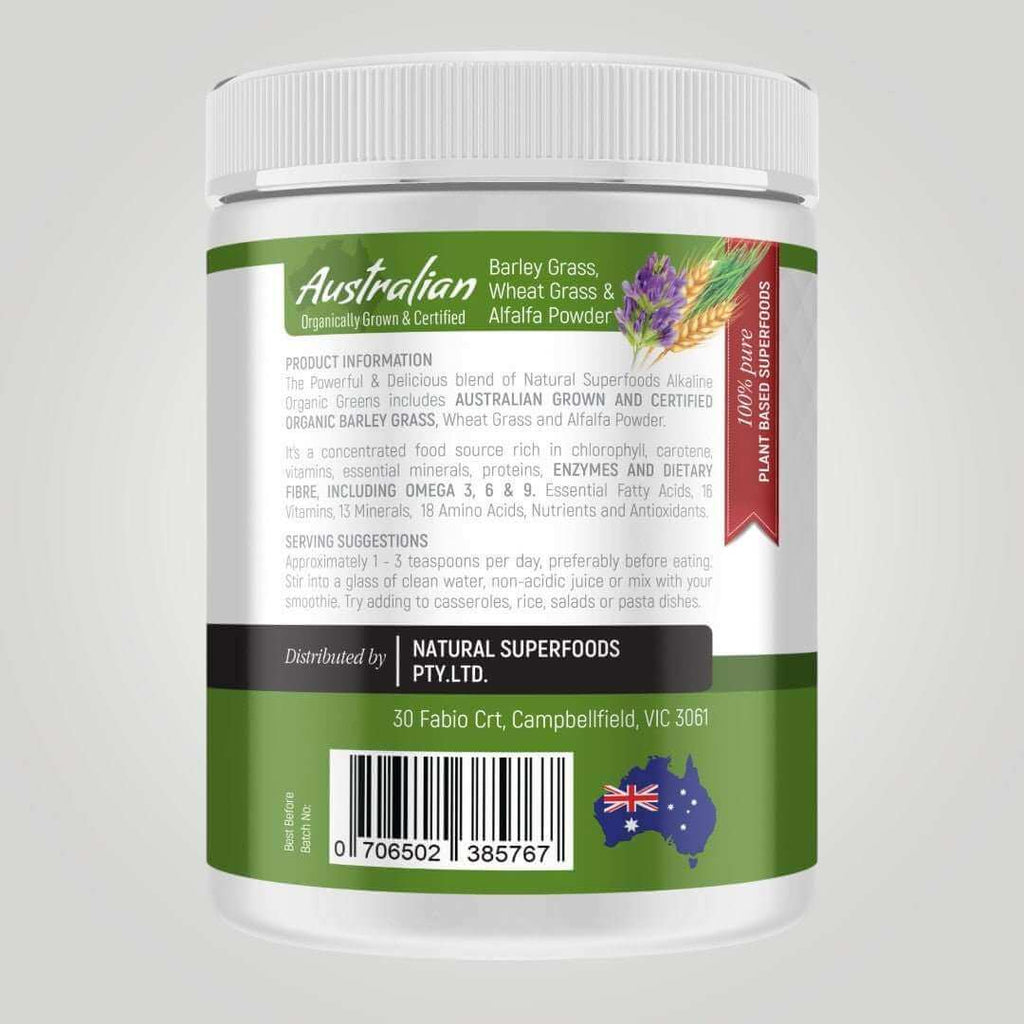 A white plastic bottle of Australian Barley Grass, Wheat Grass & Alfalfa Powder by Natural Superfoods Pty. Ltd.