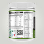 A white plastic tub of a dietary supplement, showing the back label with supplement facts, nutrition facts, a QR code, and certification logos against a light gray background.