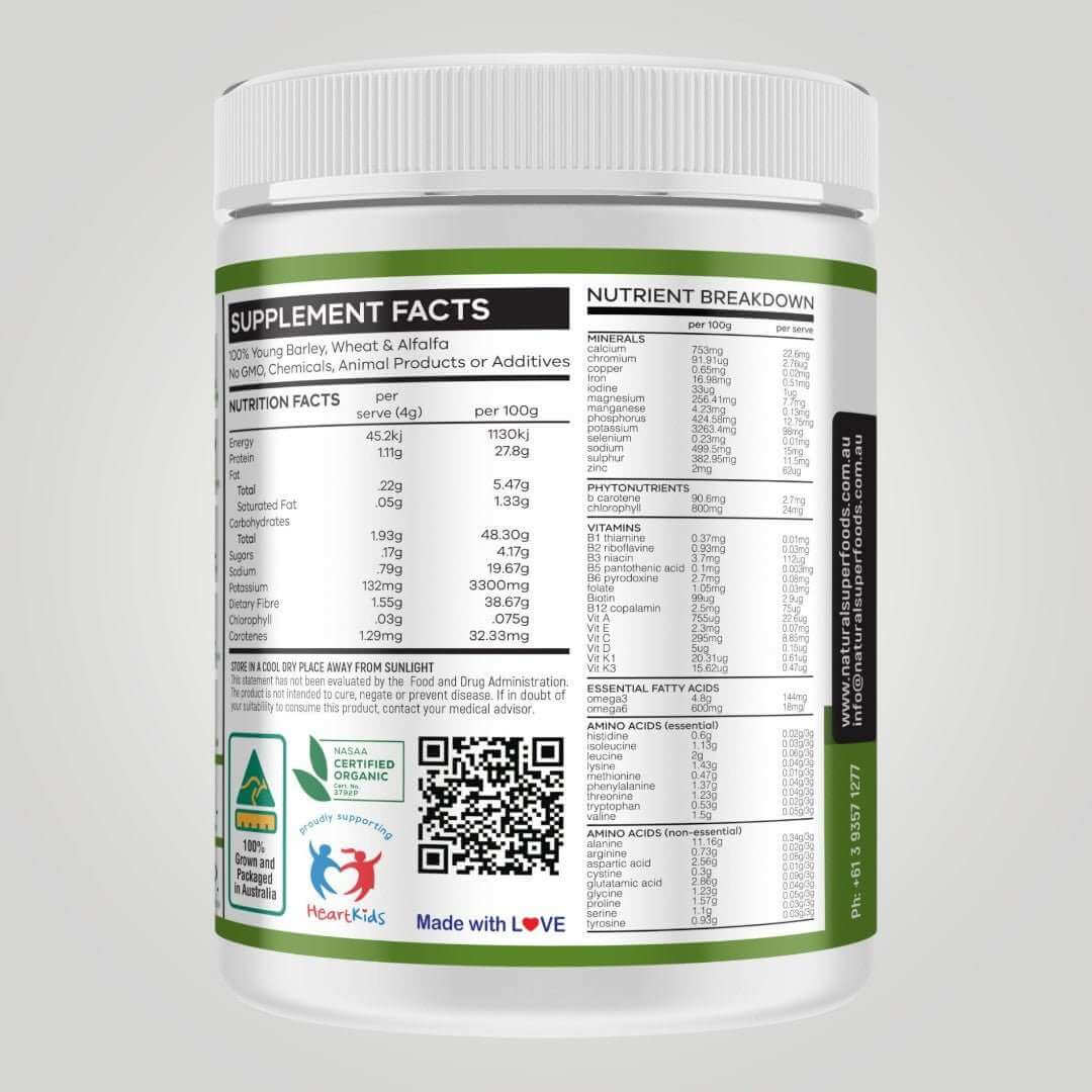 A white plastic tub of a dietary supplement, showing the back label with supplement facts, nutrition facts, a QR code, and certification logos against a light gray background.