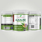 Three white plastic tubs of Natural Superfoods Alkaline Greens powder are shown on a light gray background, displaying the front label, back ingredients panel, and nutrition facts panel.