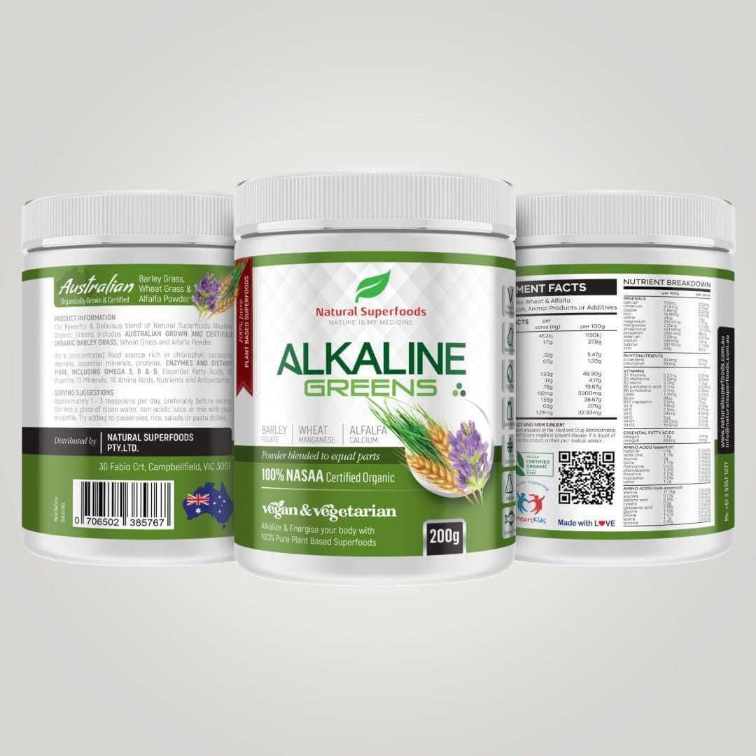 Three white plastic tubs of Natural Superfoods Alkaline Greens powder are shown on a light gray background, displaying the front label, back ingredients panel, and nutrition facts panel.